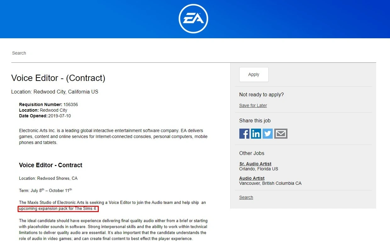 вакансия на сайте ea