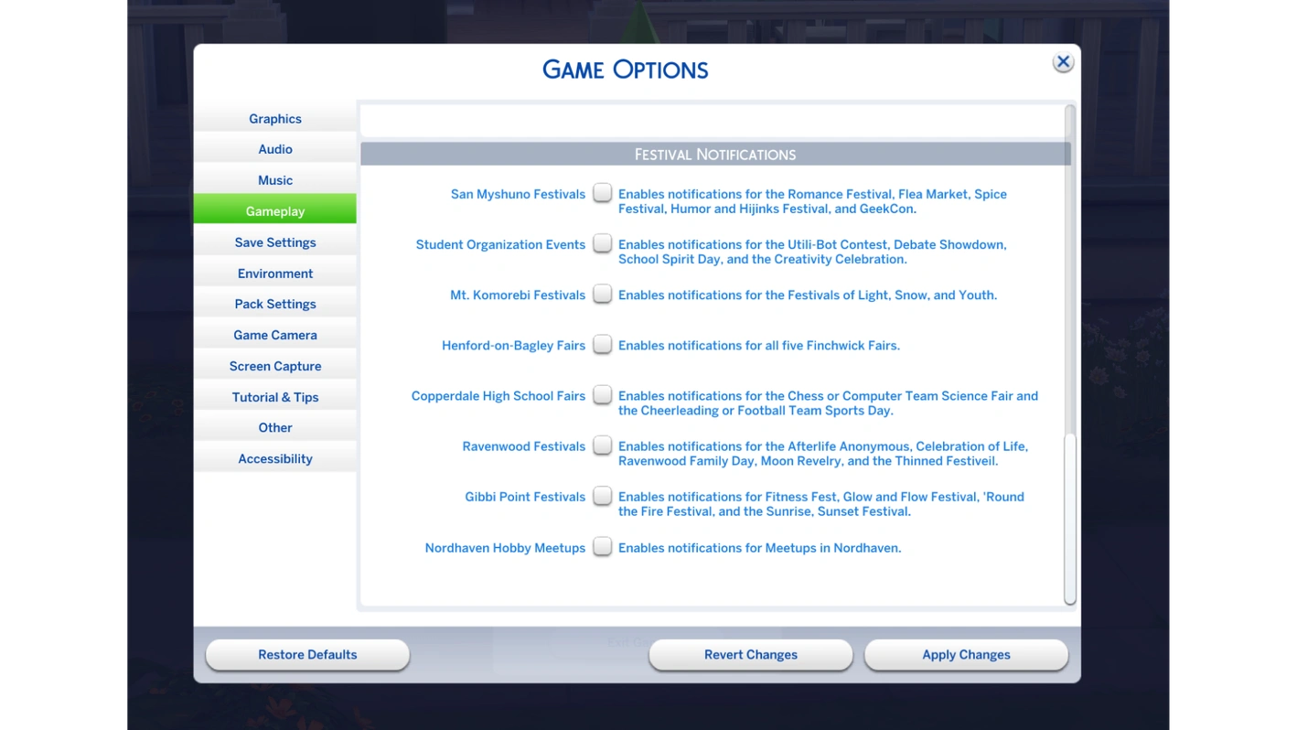Меню настроек игры The Sims 4 с вкладкой Уведомления о фестивалях и новым переключателем Встречи по хобби в Нордхейвене.