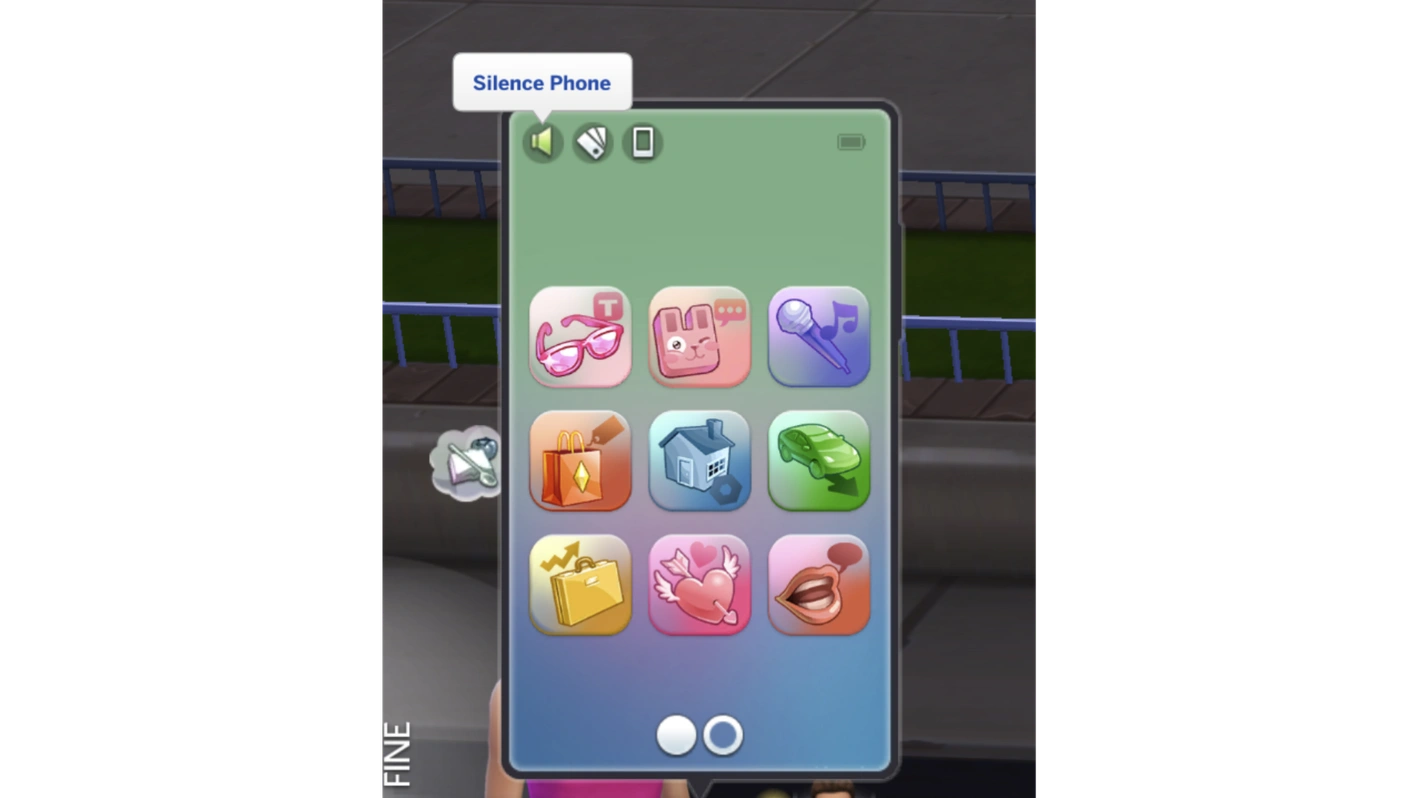 Интерфейс телефона Sims 4 с иконками приложений и подсказкой « Silence Phone » вверху экрана.