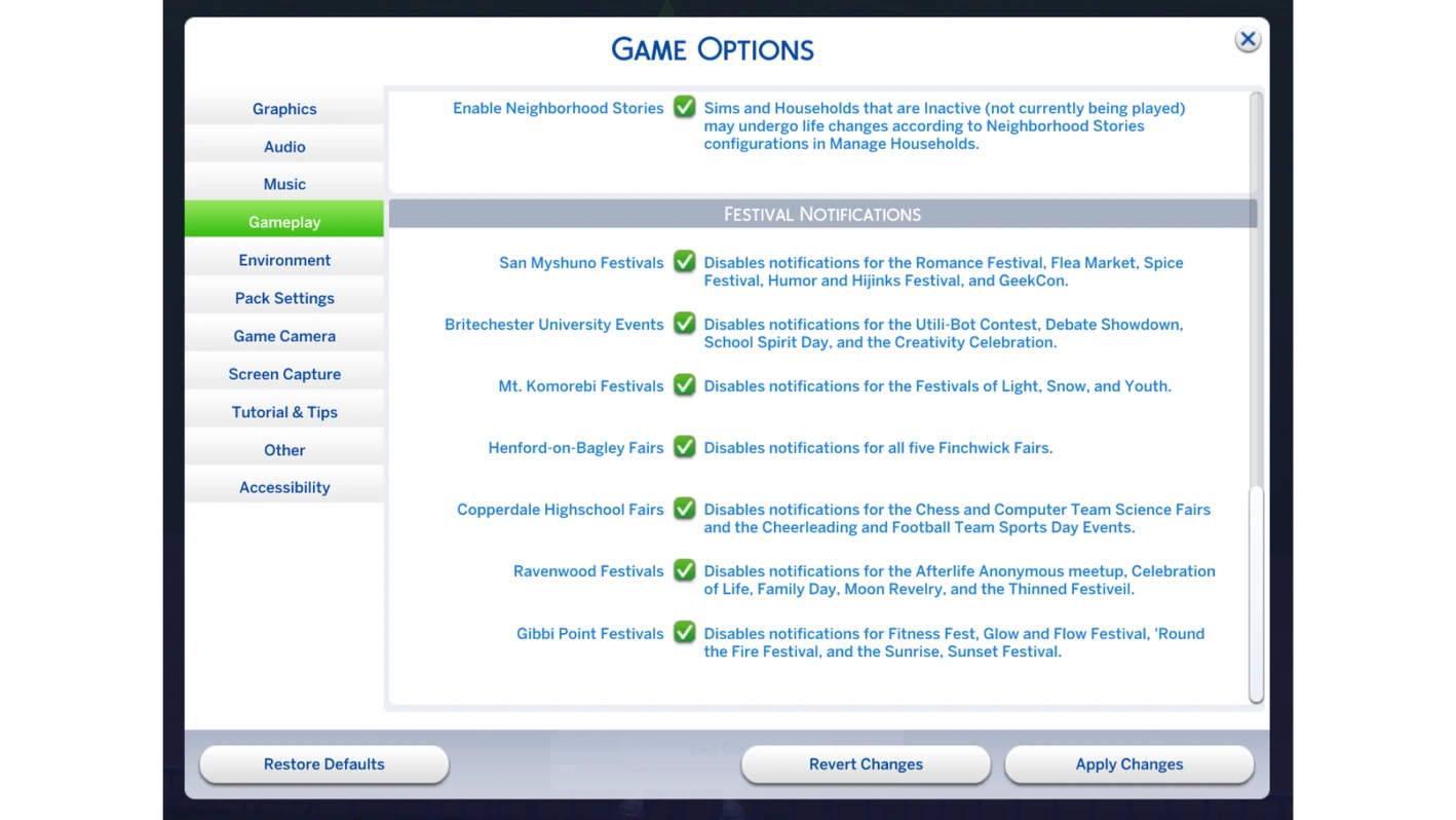 Меню игровых настроек Sims 4 с переключателями уведомлений о фестивалях для различных мировых событий, все включены.